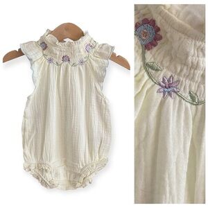 Snug Baby Floral Embroidered Smocked Romper Cream Purple 3-6 months